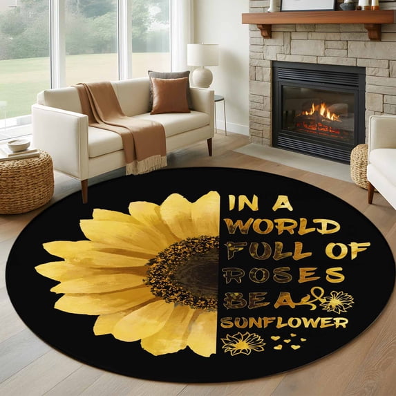 Yellow Sunflowers Round Area Rug 7Ft Washable Circle Rugs for Dorm Laundry Room, Floral Rustic Abstract Black Non-Slip Carpet Floor Mats Indoor Outdoor Carpet Runner Aesthetic Home Decor