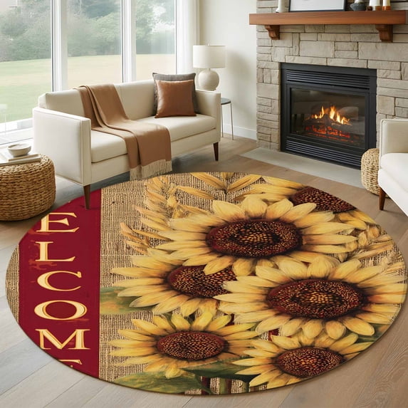 Yellow Sunflowers Round Rug 8ft Washable Circle Rugs Non Slip Farmhouse Vintage Country Floral on Linen Large Area Rug Indoor Floor Carpet for Bedroom Kitchen Living Room Home Office Dining Room