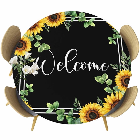 Yellow Sunflowers Round Tablecloth 45-54 Inch Round Fitted Table Cloth with Elastic Edge, Black Summer Botanical Eucalyptus Leaf Waterproof Table Cover Protector for Outdoor Picnic Party Dining