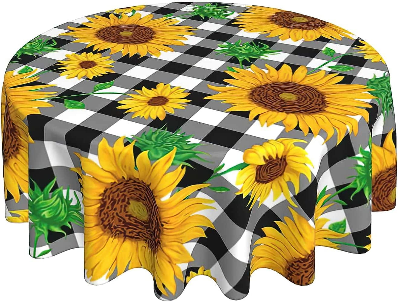 Yellow Sunflowers Round Tablecloth 60 Inch Black White Buffalo Plaid