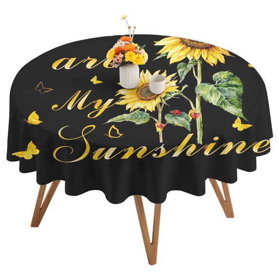 Yellow Sunflowers Round Tablecloth 60 inches You Are My Sunshine Butterflies Black Background Waterproof Oil-Proof Table Cloth Round Table Cover for Holiday Party Picnic Dinner Decor Indoor Outdoor