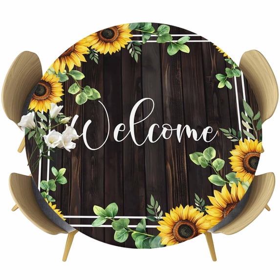 Yellow Sunflowers Round Tablecloth, Fitted Table Cover with Elastic for 36"-44" Round Tables, Botanical Eucalyptus Leaf Wooden Grain Table Cloth Outdoor Indoor Dinning Party Waterproof Tablecloths