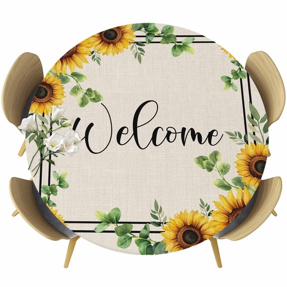 Yellow Sunflowers Round Tablecloth, Fitted Table Cover with Elastic for 55"-60" Round Tables, Retro Farmhouse Summer Floral Leaves Table Cloth Outdoor Indoor Dinning Party Waterproof Tablecloths