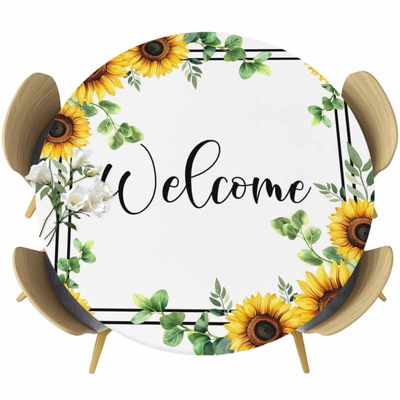 Yellow Sunflowers Round Tablecloth, Fitted Table Cover with Elastic for 55"-60" Round Tables, Summer Floral Eucalyptus Leaves Striped Table Cloth Outdoor Indoor Dinning Party Waterproof Tablecloths