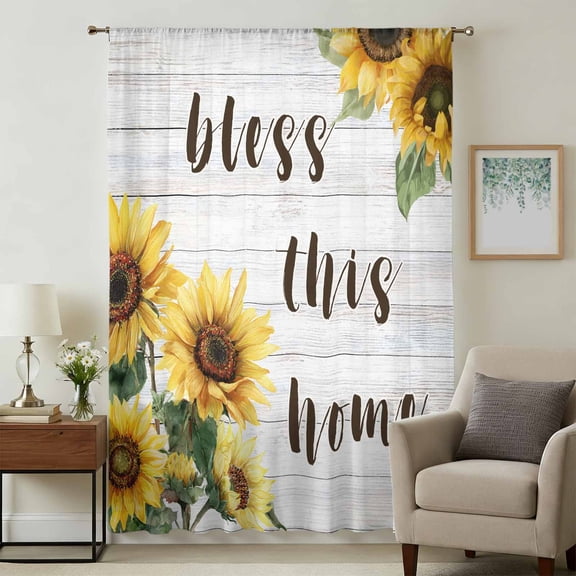 Yellow Sunflowers Sheer Curtains 108" Extra Long for Living Room, Farmhouse Spring Botanical Floral Wooden Light Filtering Privacy Drapes, Semi Sheer Window Treatment for Floor to Ceiling Window