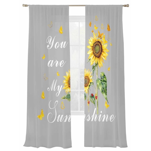 Yellow Sunflowers Sheer Curtains 108 Inch Long 2 Panels, You Are My Sunshine Butterflies Gray Background Light Filtering Rod Pocket Curtains, Sheer Voile Drapes for Living Room Bedroom, 52"x108"
