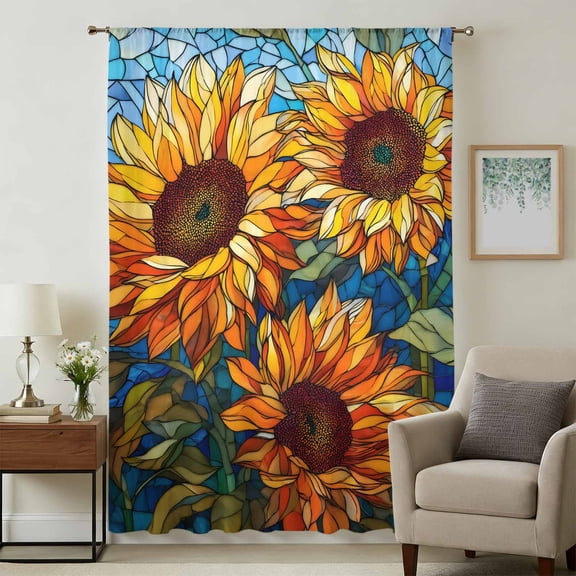 Yellow Sunflowers Sheer Curtains 45 Inches Long for Bedroom, Abstract Stained Glass Floral Leaf Light Filtering Privacy Drapes, Breathable Semi Sheer Short Window Treatment for Kitchen Cafe Bathroom