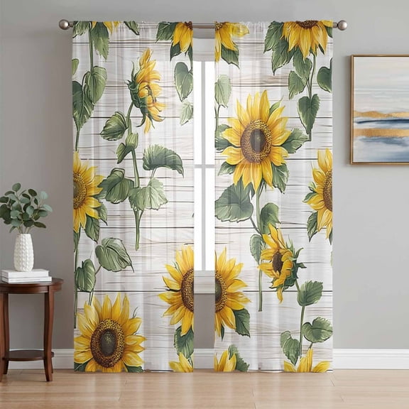 Yellow Sunflowers Sheer Curtains 63 Inch Length 2 Panels Set, Farmhouse Pastoral Wooden Plank Art Voile Window Treatment Rod Pocket Curtains Sheers Drapes for Bedroom/Living Room/Kitchen 52x"63"x2