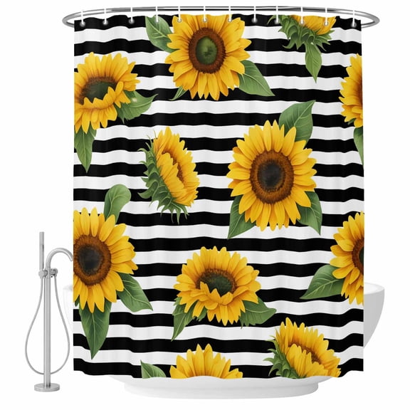 Yellow Sunflowers Shower Curtain for Bathroom, Green Leaf White Black Striped Plant Waterproof Machine Washable Shower Curtain Set with Hooks, Bath Decoration for Home Bathtub Stall 48"x72"