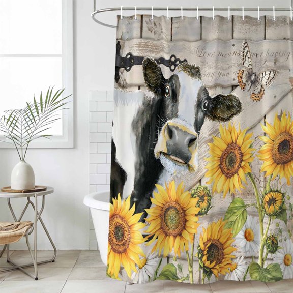Yellow Sunflowers Shower Curtain Set, Waterproof Shower Curtains for Bathroom, Farmhouse Cow Barn Doors Floral Butterfly Washable Fabric Bath Curtain for Bathtub Decoration with Hooks 72x78 Inches