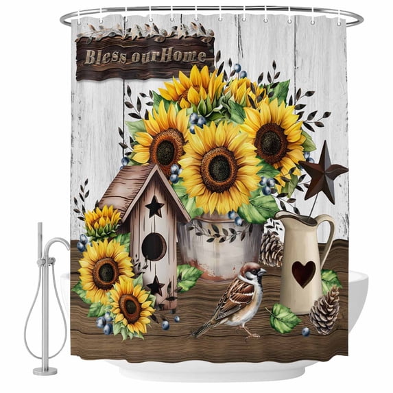 Yellow Sunflowers Shower Curtain, Waterproof Shower Curtains for Bathroom, Western Star Farmhouse White Wooden Washable Fabric Bathtub Curtain Set Bath Decor with 12 Hooks 48"x72"