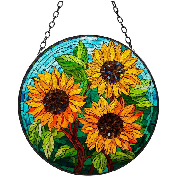 Yellow Sunflowers Stained Glass Suncatcher Window Hangings Colored Handmade Glass Suncatcher Crafts Kits for Indoor Garden Christmas Decoration 16x16cm(11)