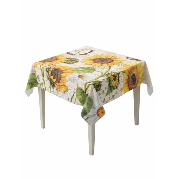 Yellow Sunflowers Suqare Tablecloth - 60 x 60 Inch, Country Farm Butterfly Flower Light Beige Waterproof & StainResistant Tablecloth, Washable Oil-proof Table Cover for Dining/Party/Wedding/Buffet