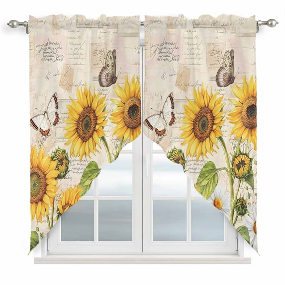 Yellow Sunflowers Swag Curtains for Kitchen/Bedroom/Living Room, Country Farm Butterfly Flower Light Beige Scalloped Curtains 63 Inch Long, Window Swag Topper Curtains Valances 2 Panels Set 36"x63"