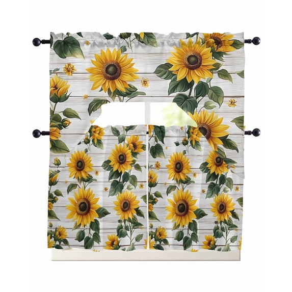 Yellow Sunflowers Swag Curtains for Living Room/Bedroom Windows, Country Botanical Floral Wooden Grain Kitchen Curtains and Valances Set 36 Inch Length, Light Filtering Swags Valance Curtain Panels