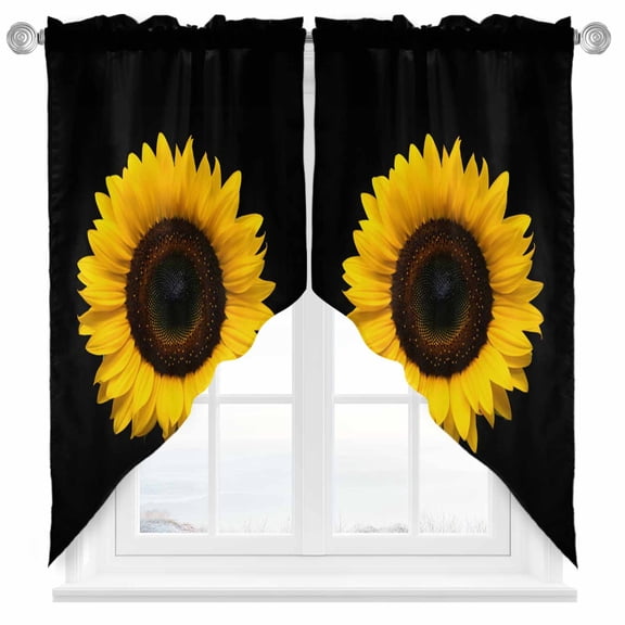 Yellow Sunflowers Swag Kitchen Curtain Valances, Black Background Spring Floral Simple Rod Pocket Curtains Window Treatment Decor Valances for Bedroom Bathroom, 2 Panels 28 x 36 Inch