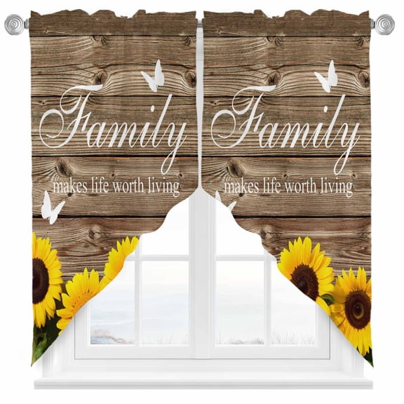 Yellow Sunflowers Swag Kitchen Curtain Valances, Family Brown Wood Striped Countryside Rod Pocket Curtains Window Treatment Decor Valances for Bedroom Bathroom, 2 Panels 36 x 45 Inch