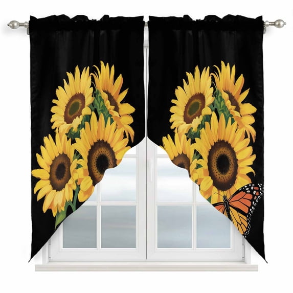 Yellow Sunflowers Swag Valances for Windows, Kitchen Curtains 36 Inch Length 2 Panels Set, Farmhouse Floral Leaves Butterfly Black Short Curtains for Small Windows Rod Pocket Cafe Curtains 28"x36"