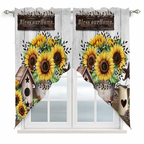 Yellow Sunflowers Swag Valances for Windows, Kitchen Curtains 36 Inch Length 2 Panels Set, Western Star Farmhouse White Wooden Short Curtains for Small Windows Rod Pocket Cafe Curtains Drapes 28"x36"