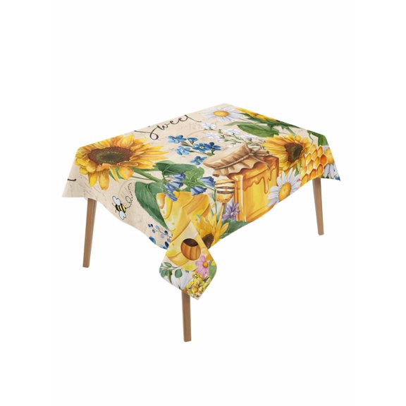 Yellow Sunflowers Table Cloth, Waterproof Tablecloth for Rectangle Tables, Daisy Bees Elegant Farmhouse Floral Reusable Washable Fabric Table Cover for Restaurant Kitchen Dining Tables 52"x70"