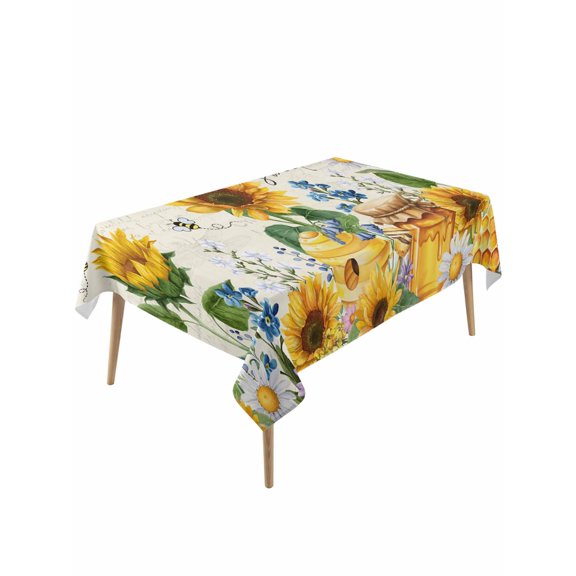 Yellow Sunflowers Table Cloth, Waterproof Tablecloth for Rectangle Tables, Daisy Bees Elegant Pastoral Floral Reusable Washable Fabric Table Cover for Restaurant Kitchen Dining Tables 54"x108"