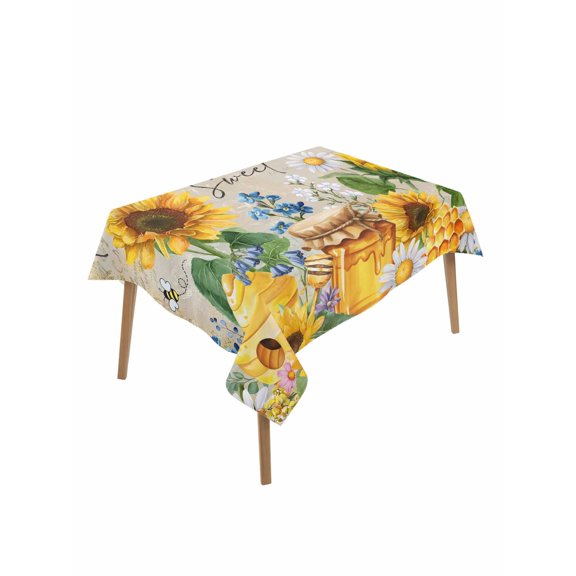 Yellow Sunflowers Table Cloth, Waterproof Tablecloth for Rectangle Tables, Elegant Pastoral Floral Daisy Bees Reusable Washable Fabric Table Cover for Restaurant Kitchen Dining Tables 60"x84"