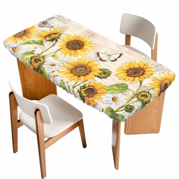 Yellow Sunflowers Table Cloths for 4 Foot Rectangle Tables, Country Farm Butterfly Flower Light Beige Patio Waterproof Elastic Fitted Tablecloths, Washable Rectangular Table Cover for Camping