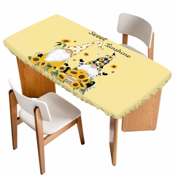 Yellow Sunflowers Table Cloths for 4 Foot Rectangle Tables, Gnomes Farmhouse Botanical Bee Patio Waterproof Elastic Fitted Tablecloths, Washable Rectangular Table Cover for Camping