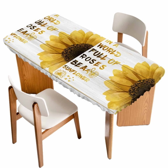 Yellow Sunflowers Table Cloths for 6 Foot Rectangle Tables, You Are My Sunshine Wood Rustic Patio Waterproof Elastic Fitted Tablecloths, Washable Rectangular Table Cover for Camping