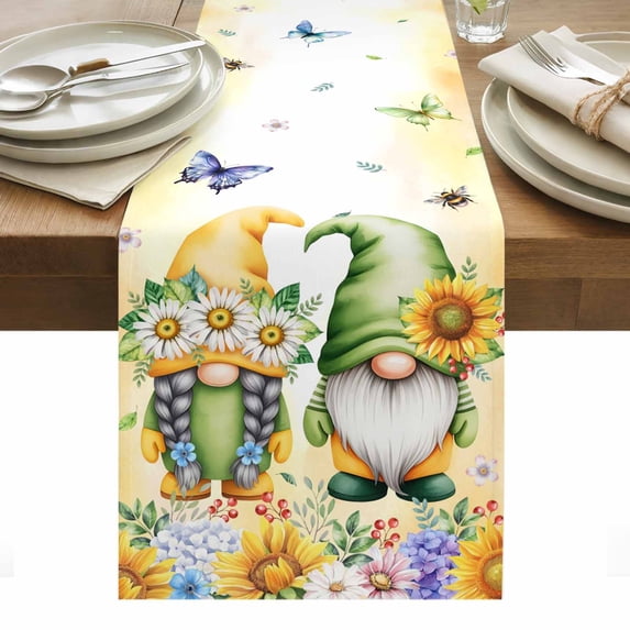 Yellow Sunflowers Table Runner - 120 Inch Long, Kitchen Dining Table Runner Dresser Scarves, Spring Gnomes Hydrangea Daisy Plants Farmhouse Decor for Coffee Tables Wedding Party Banquet