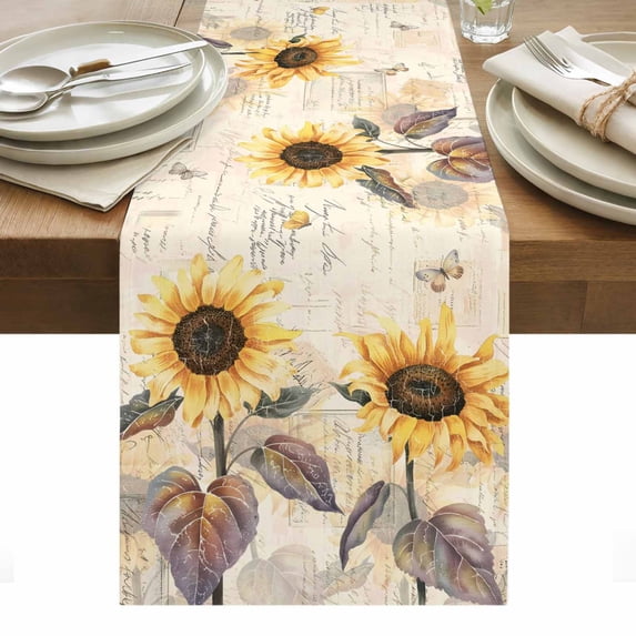 Yellow Sunflowers Table Runner - 120 Inch Long, Kitchen Dining Table Runner Dresser Scarves, Vintage Flowers Leaves Butterfly Plants Farmhouse Decor for Coffee Tables Wedding Party Banquet