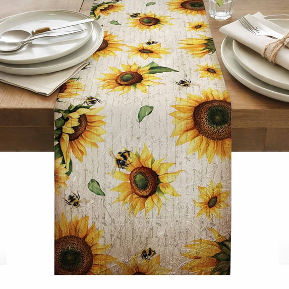 Yellow Sunflowers Table Runner - 36 Inch Long, Kitchen Dining Table Runner Dresser Scarves, Summer Farmhouse Retro Beige Farmhouse Decor for Coffee Tables Wedding Party Banquet