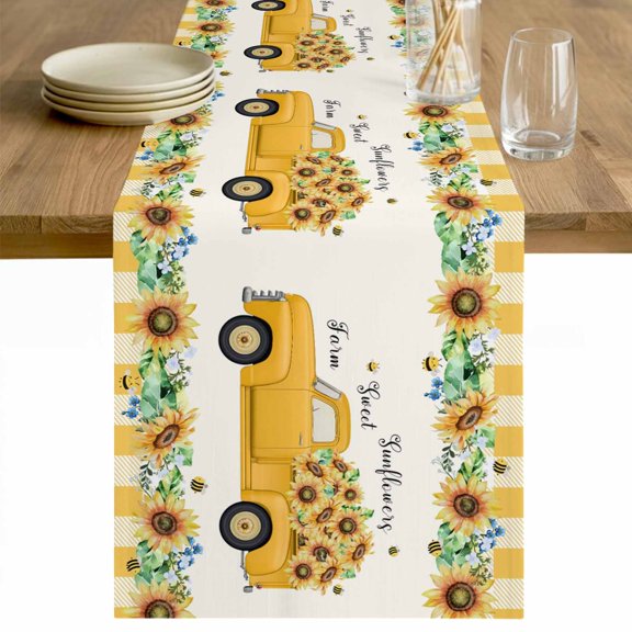 Yellow Sunflowers Table Runner - 36 Inch Long Summer Spring Botanical Truck Bees Check Cotton and Linen Blended Dress Scarves Farmhouse Table Runner for Kitchen Dining, Coffee Table, 13" x 36"