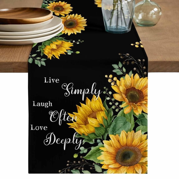 Yellow Sunflowers Table Runner 60 Inches, Farmhouse Floral Rustic Botanical Black Bed Runner Dresser Scarves Tabletop for Indoor Outdoor Parties/Ceremony/Banquet, 13" x 60"