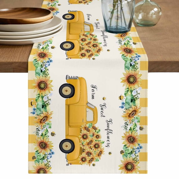 Yellow Sunflowers Table Runner 70 Inches, Summer Spring Botanical Truck Bees Check Bed Runner Dresser Scarves Tabletop for Indoor Outdoor Parties/Ceremony/Banquet, 13" x 70"