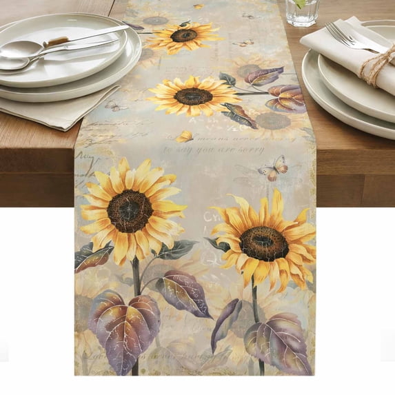 Yellow Sunflowers Table Runner - 72 Inch Long, Kitchen Dining Table Runner Dresser Scarves, Retro Floral Leaves Butterfly Plants Khaki Farmhouse Decor for Coffee Tables Wedding Party Banquet