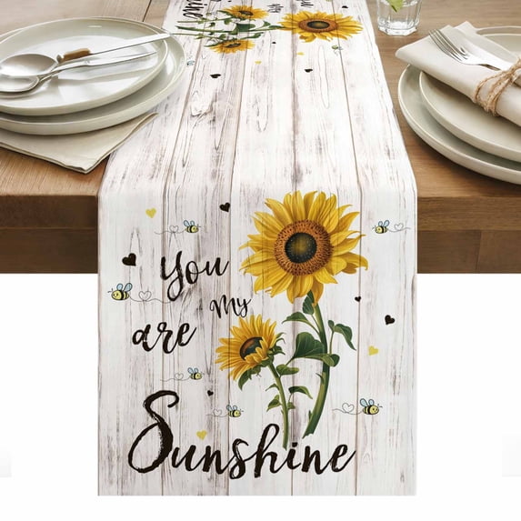Yellow Sunflowers Table Runner - 72 Inch Long, Kitchen Dining Table Runner Dresser Scarves, Summer Botanical Country Wood Grain Farmhouse Decor for Coffee Tables Wedding Party Banquet