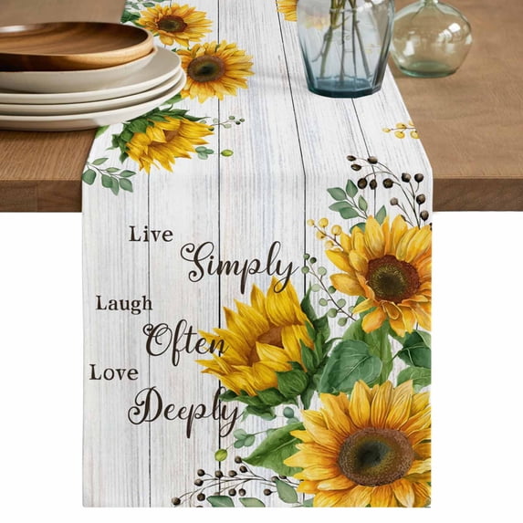Yellow Sunflowers Table Runner 90 Inches, Farmhouse Floral Rustic Botanical Grey Wood Bed Runner Dresser Scarves Tabletop for Indoor Outdoor Parties/Ceremony/Banquet, 13" x 90"