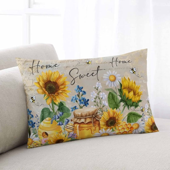 Yellow Sunflowers Throw Pillow Covers, Elegant Pastoral Floral Daisy Bees Soft Breathable Pillow Cases with Invisible Zipper for Sleeping, Small Pillowcases for Couch Bed Sofa Chair 16x24 Inches