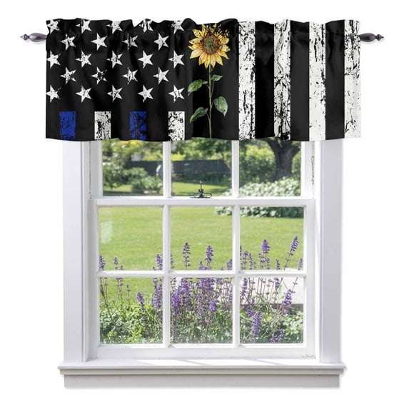 Yellow Sunflowers Valance Curtain for Windows Old U.S. Flag Blue Stripes Vintage Rod Pocket Curtain Valances Short Window Treatments Panels for Kitchen Bathroom Laundry Room Basement 60 x 14 Inch
