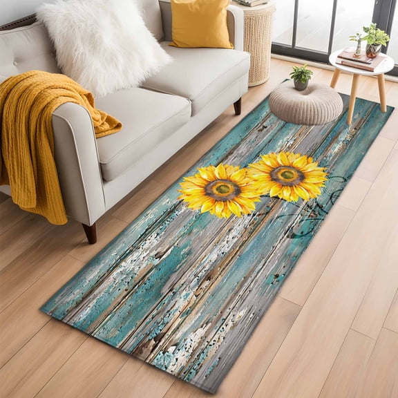 Yellow Sunflowers Vintage 2'x6' Runner Rugs for Hallway Kitchen Bedside Non Slip, Turquoise Gradient Wooden Grain Entryway Rug Runners with Rubber Backing, Long Carpet Runner for Laundry Room