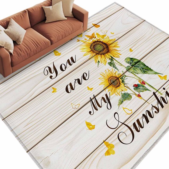 Yellow Sunflowers Washable Area Rug 5 x 7 ft You Are My Sunshine Butterflies Wood Stripes, Soft Non Slip Rugs Stain Repellent Indoor Felt Carpet for Living Dining Room Bedroom Home Office
