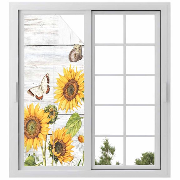 Yellow Sunflowers Window Privacy Film, Vintage Country Flowers Butterfly Wood Board Static Cling UV Sun Blocking Heat Control Window Tint Day and Night, Non-Adhesive One Way Privacy Cover 23.6''x59''