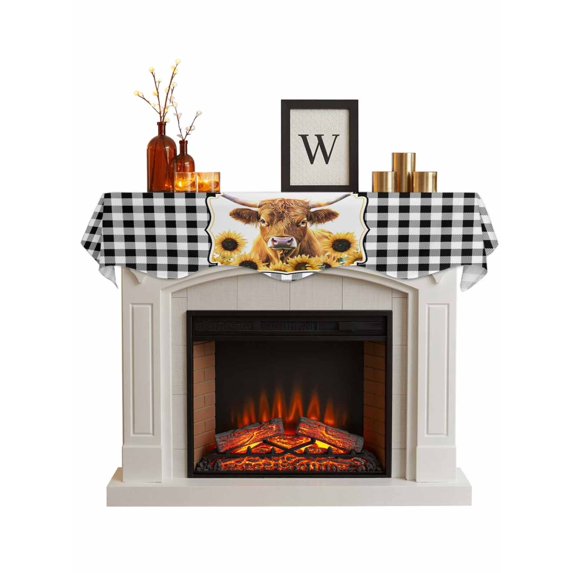 Yellow Sunflowers Yak Fireplace Mantel Scarf Cover 60"Wx17"L,Fireplace Mantel Shelf Top Runner,Black White Checkered Pastoral Buffalo Mantle Dresser Scarves Table Runner for Holiday Party Living Room