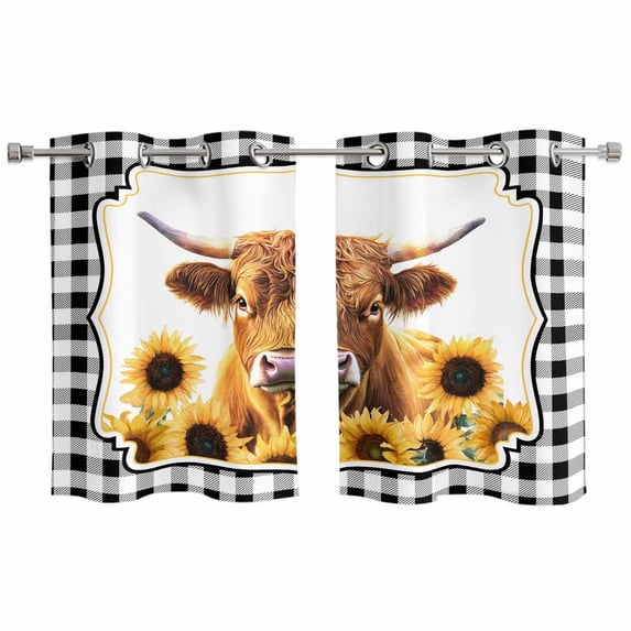 Yellow Sunflowers Yak Kitchen Curtains Window Panels, Black White Checkered Pastoral Buffalo Insulated Window Treatment Curtain, Grommet Curtains for Bedroom/Living Room/Bathroom, 2 Piece 27.5"Wx39"L