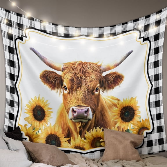 Yellow Sunflowers Yak Large Tapestry for Bedroom Wall Hanging Tapestry,Black White Checkered Pastoral Buffalo Ceiling Backdrop Tapestries Poster Blanket Wall Decor for Living Room 86" x 104"