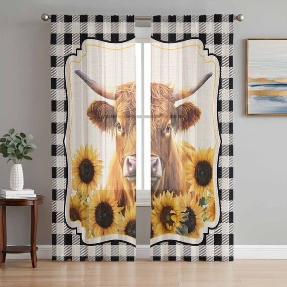 Yellow Sunflowers Yak Sheer Curtains 108 Inch Length 2 Panels Set Window Treatments, Black White Checkered Rustic Buffalo Rod Pocket Semi Curtains for Living Room/Bedroom/Kitchen, 104"W x 108"L
