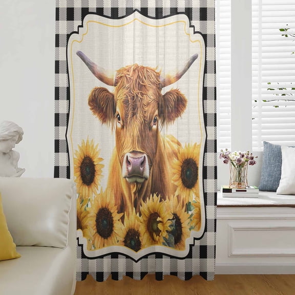 Yellow Sunflowers Yak Sheer Curtains 45 Inches Long for Living Room/Bedroom, Black White Checkered Rustic Buffalo Rod Pocket Voile Kitchen Curtains & Drapes Window Treatment 1 Panel, 52"W x 45"L