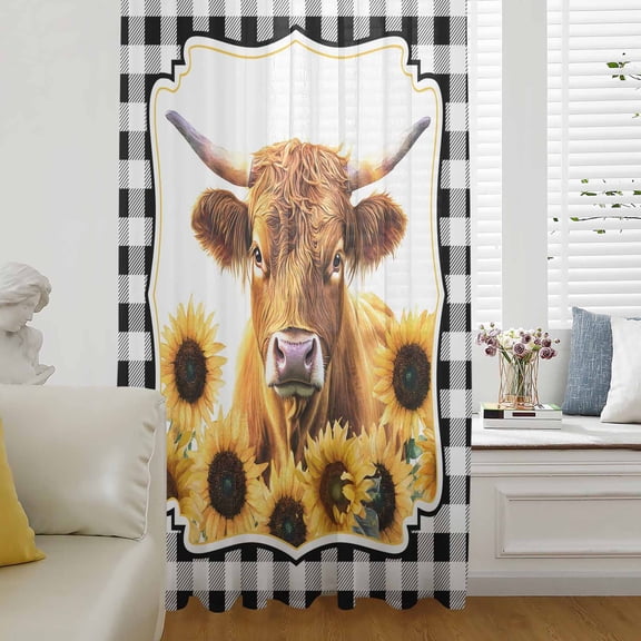 Yellow Sunflowers Yak Sheer Curtains 63 Inches Long for Living Room/Bedroom, Black White Checkered Pastoral Buffalo Rod Pocket Voile Kitchen Curtains & Drapes Window Treatment 1 Panel, 52"W x 63"L