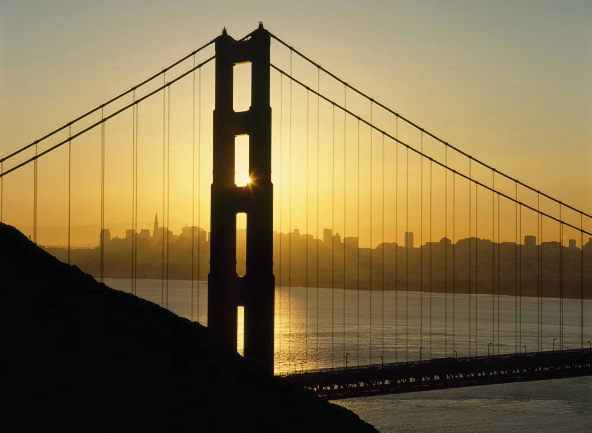 Yellow Sunrise Behind The Golden Gate Bridge With Skyline Behind Canvas Art - Ian Cumming Design Pics (36 x 26)
